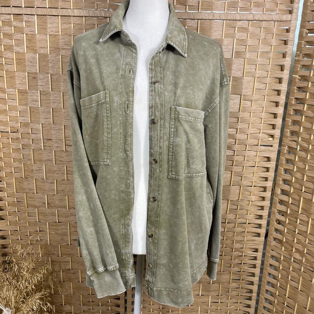 Washed Olive Green Button-Up Shirt Jacket Jane + Delancey Size Small